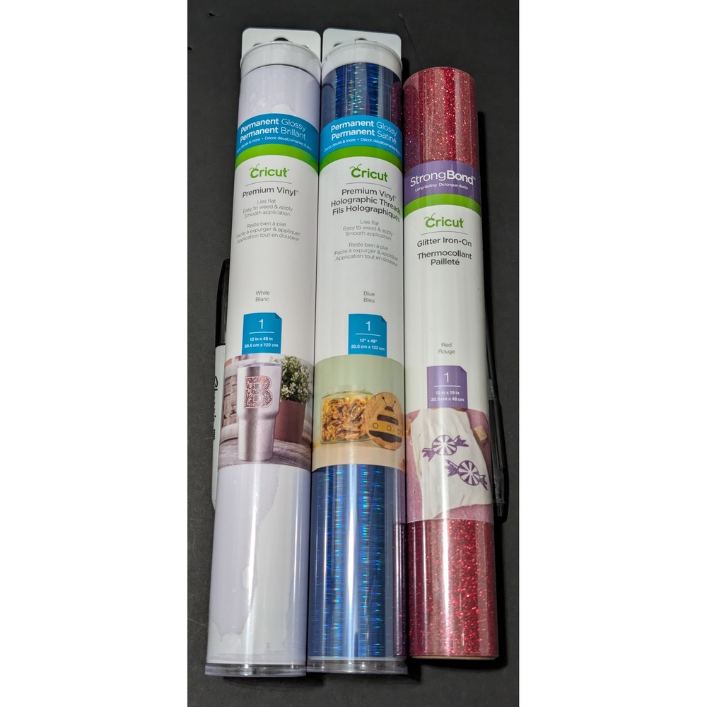 3 Set Cricut Vinyl, Holographic Blue, Glossy White, Glitter Red